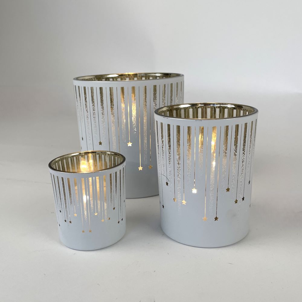 Teelichtglas | Windlicht  | Sternschnuppe Teelicht |  Teelicht Weiss Gold | Advent 
