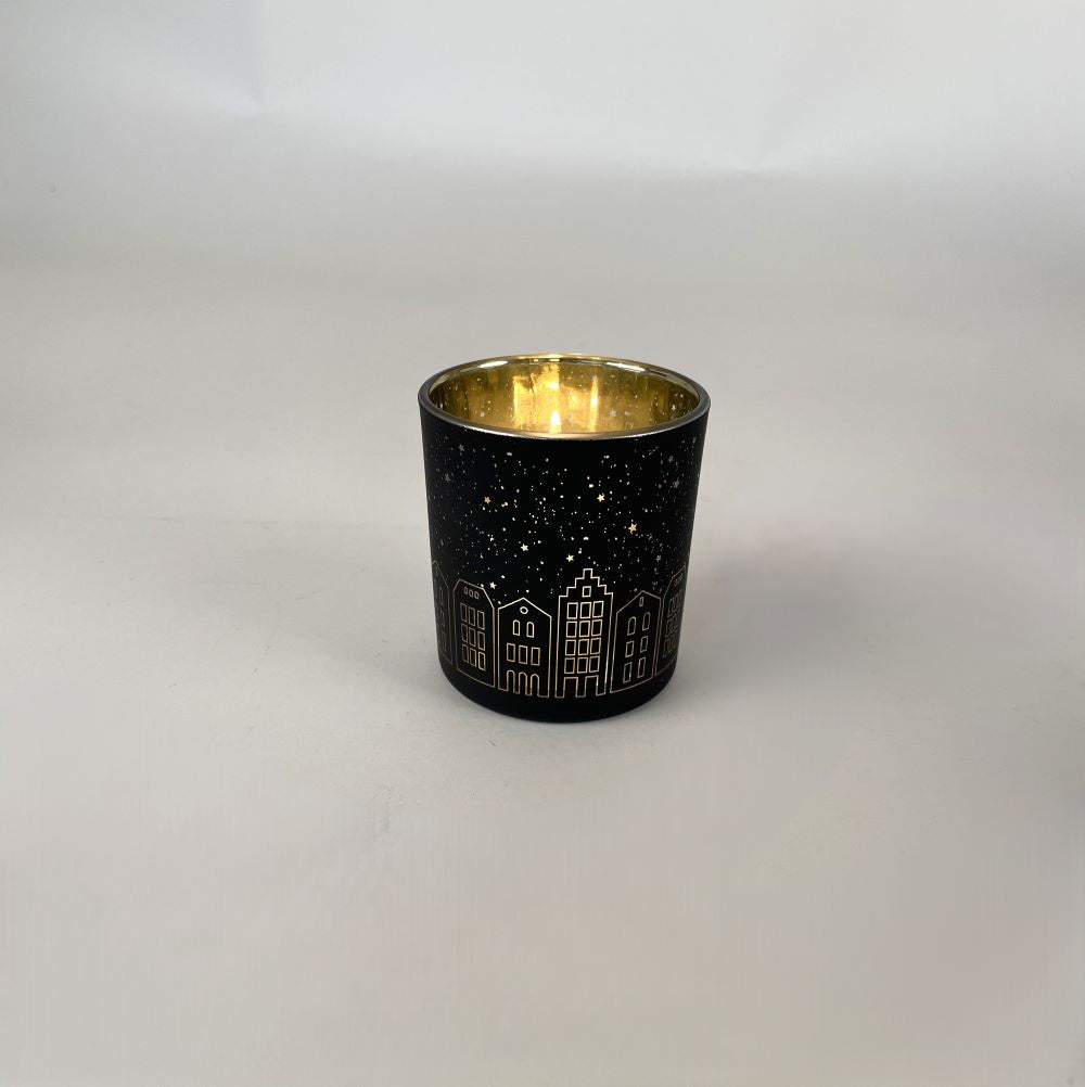Teelicht Schwarz Gold | Windlicht Häuser | Stadtsilhouette | Weihnachtsdeko Glas | Deko Teelicht Winter