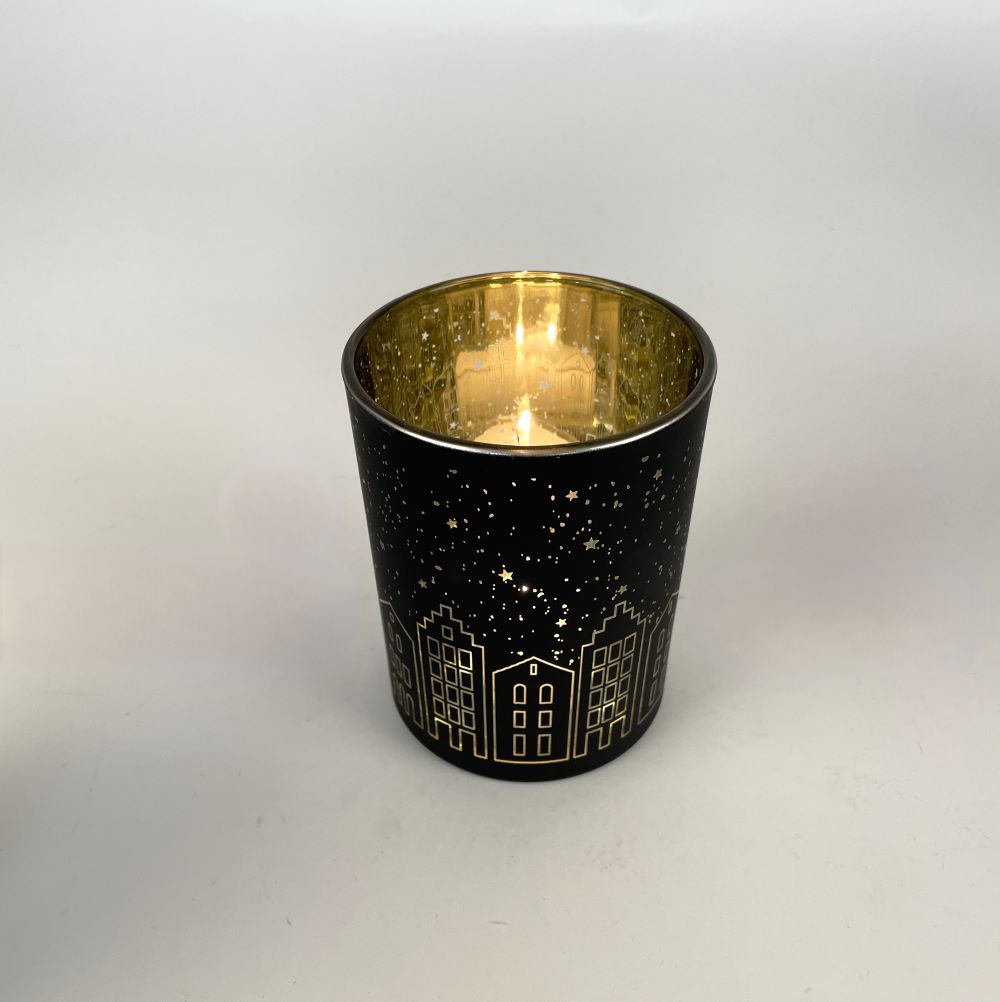 Teelicht Schwarz Gold | Windlicht Häuser | Stadtsilhouette | Weihnachtsdeko Glas | Deko Teelicht Winter