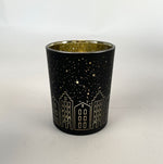 Teelicht Schwarz Gold | Windlicht Häuser | Stadtsilhouette | Weihnachtsdeko Glas | Deko Teelicht Winter