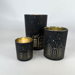 Teelicht Schwarz Gold | Windlicht Häuser | Stadtsilhouette | Weihnachtsdeko Glas | Deko Teelicht Winter