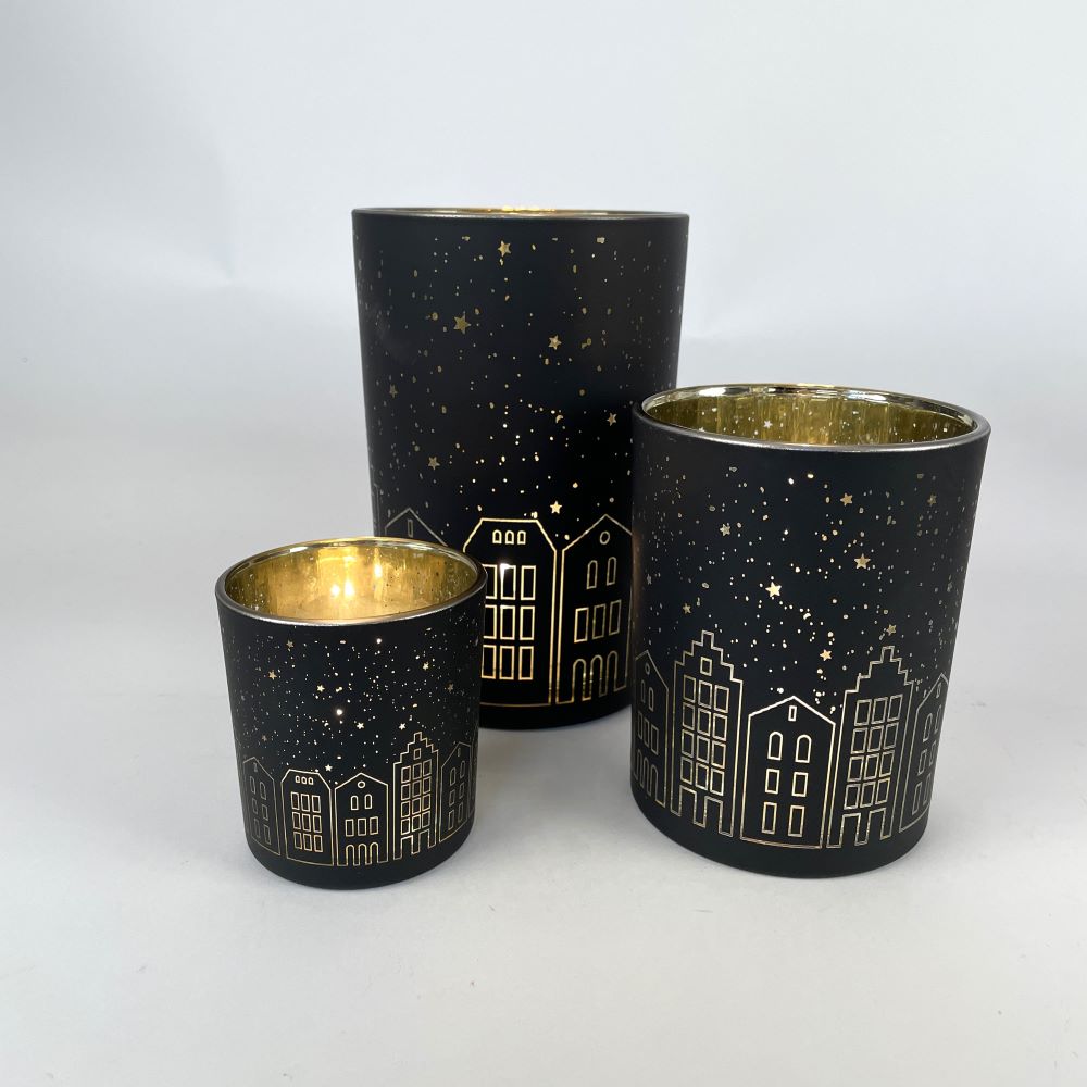 Teelicht Schwarz Gold | Windlicht Häuser | Stadtsilhouette | Weihnachtsdeko Glas | Deko Teelicht Winter