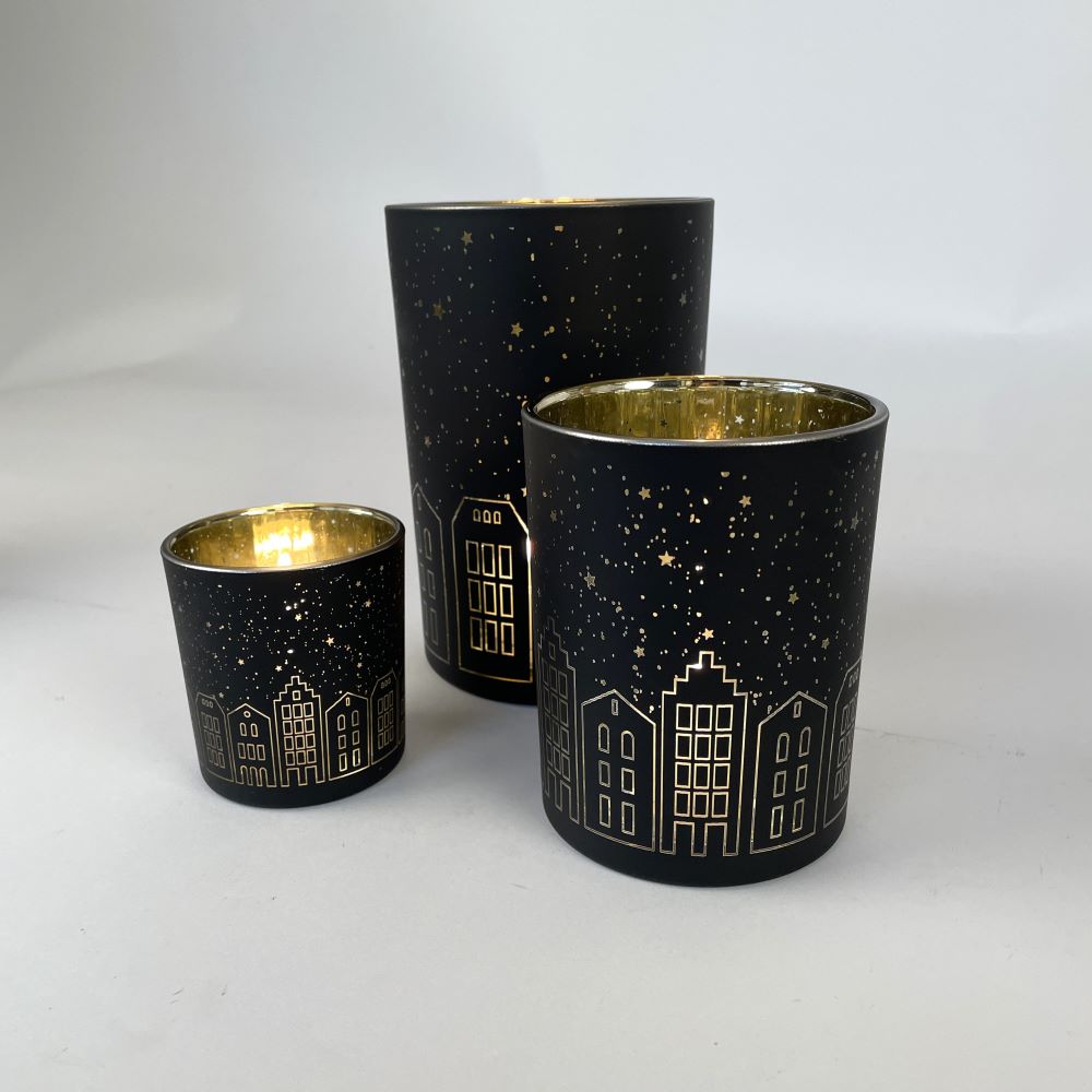 Teelicht Schwarz Gold | Windlicht Häuser | Stadtsilhouette | Weihnachtsdeko Glas | Deko Teelicht Winter