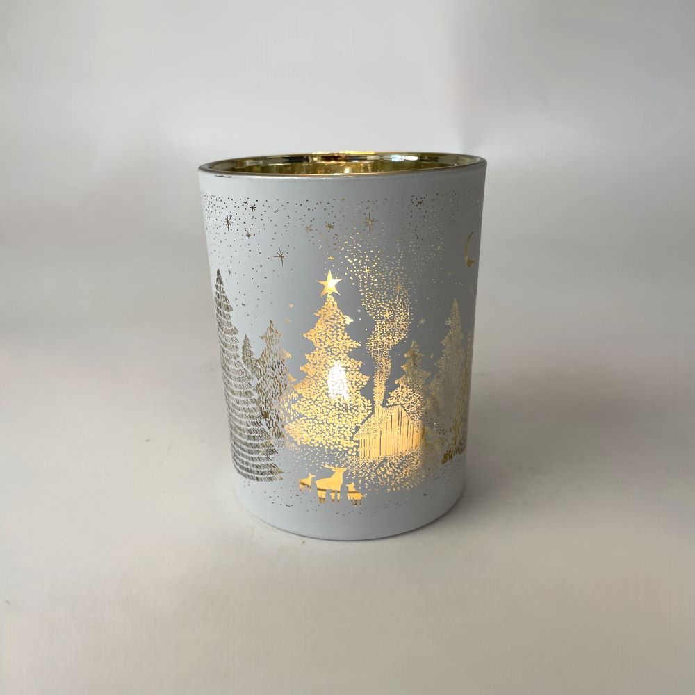 Teelicht | Windlicht | Winterwald | Weiss Gold | Weihnachten