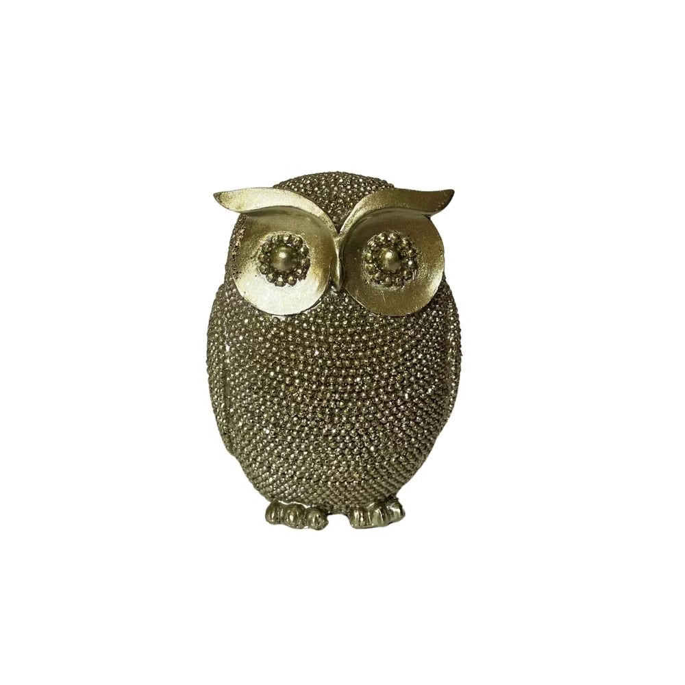 Goldene Glitzer-Eule als Dekofigur, Frontalansicht mit grossen Augen