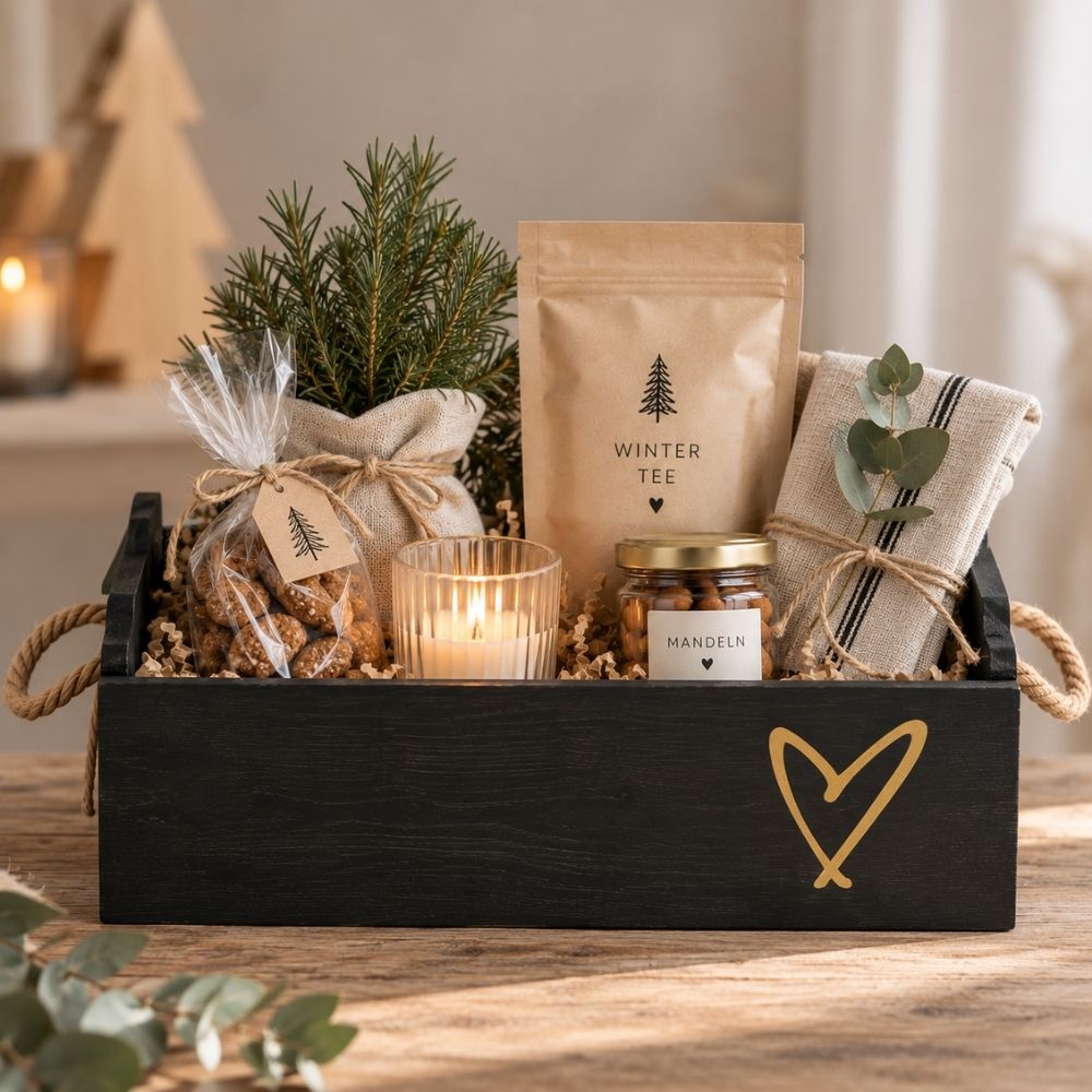 Holzkiste | schwarz | Herz gold | Geschenkverpackung | stilvoll schenken