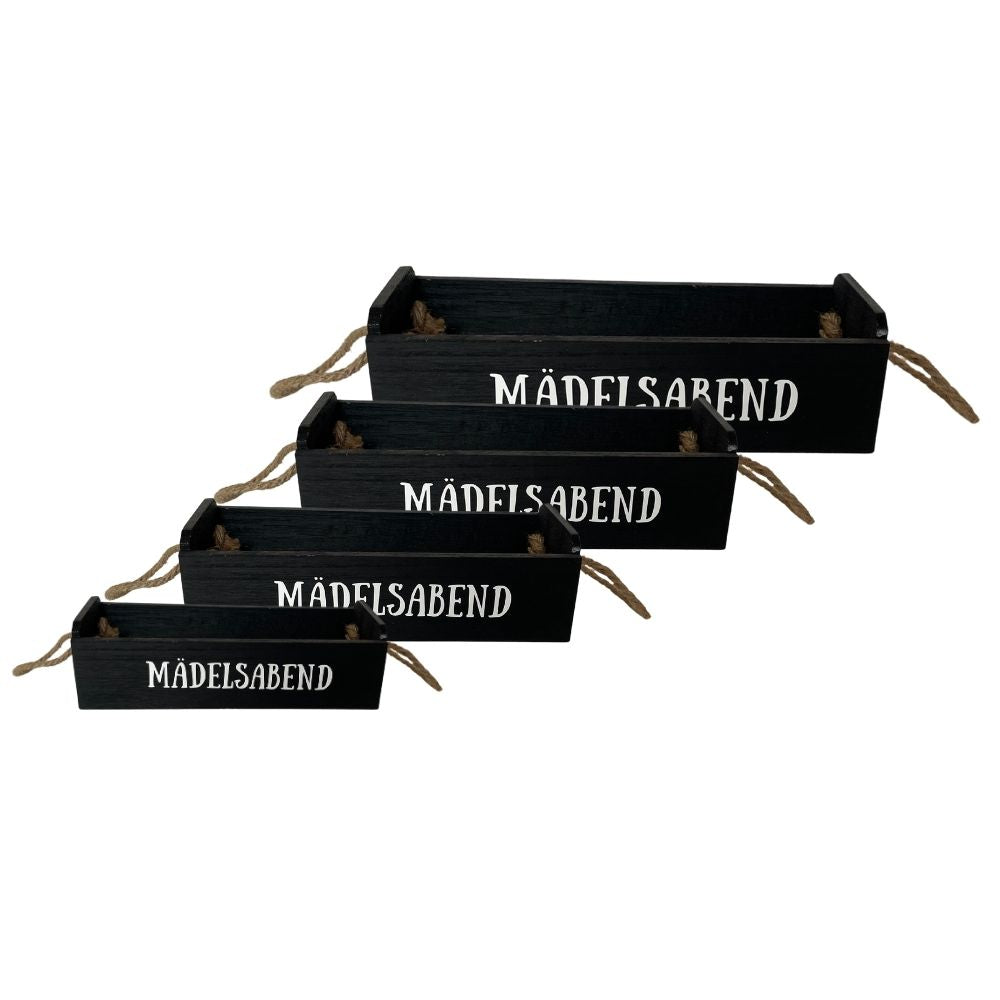 Geschenkkiste Holz | schwarz lackiert | diverse Beschriftungen | Kiste mit Seilgriffen | Geschenkverpackung Holz