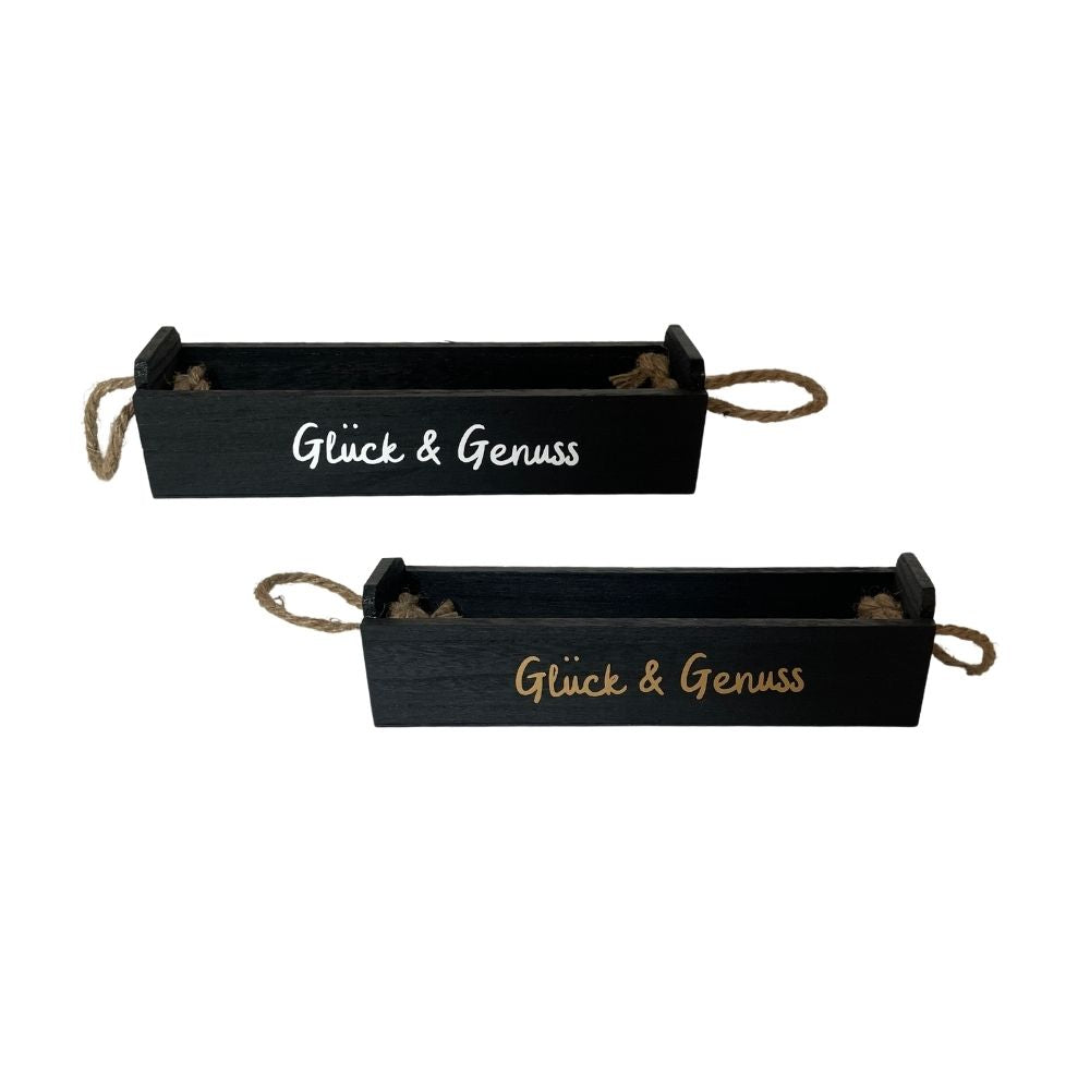 Geschenkkiste Holz | schwarz lackiert | diverse Beschriftungen | Kiste mit Seilgriffen | Geschenkverpackung Holz