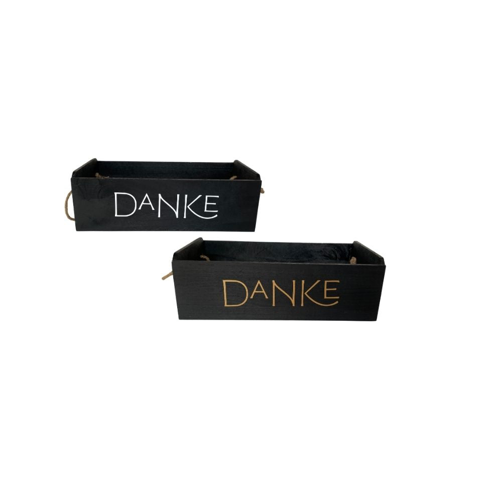 Geschenkkiste Holz | schwarz lackiert | diverse Beschriftungen | Kiste mit Seilgriffen | Geschenkverpackung Holz