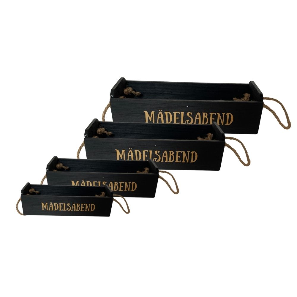 Geschenkkiste Holz | schwarz lackiert | diverse Beschriftungen | Kiste mit Seilgriffen | Geschenkverpackung Holz