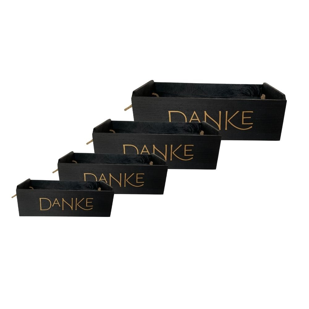 Geschenkkiste Holz | schwarz lackiert | diverse Beschriftungen | Kiste mit Seilgriffen | Geschenkverpackung Holz