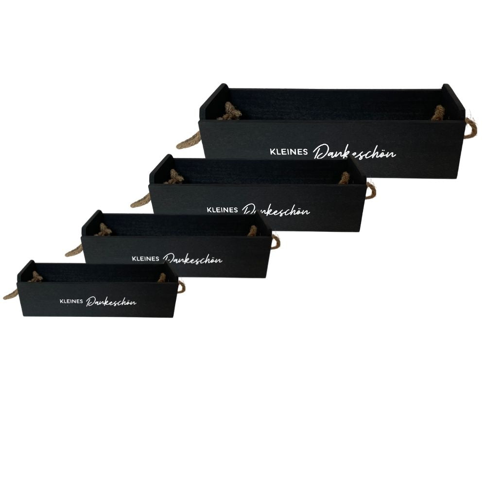 Geschenkkiste Holz | schwarz lackiert | diverse Beschriftungen | Kiste mit Seilgriffen | Geschenkverpackung Holz