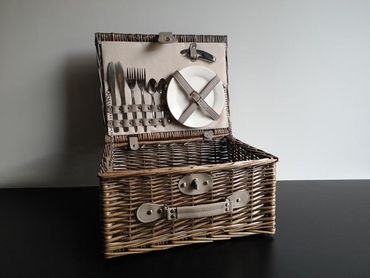 Picknick Koffer | inkl. Kühltasche | 2 Personen | Weidenkorb grau | Picknick | 40cm