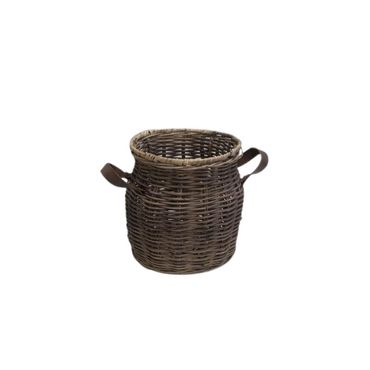 Blumenkorb mit Ledergriff | Rattan - Korb mit Ledergriff (ohne Inhalt)  | Grau | Pflanzkorb Rattan | Dekokorb Rattan