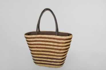Stroh Tasche | mit Satinbänder | gestreift natur/schokobraun | Strandtasche | Boho Tasche