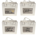 Papiertüte | Geschenk | Verpackung | beschriftet | Weiss