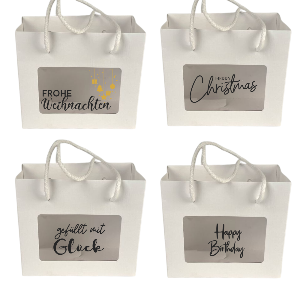 Papiertüte | Geschenk | Verpackung | beschriftet | Weiss