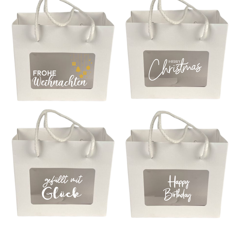 Papiertüte | Geschenk | Verpackung | beschriftet | Weiss