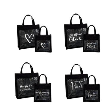 Jutetasche | schwarz | mit Sichtfenster | Geschenkverpackung | mit Beschriftung