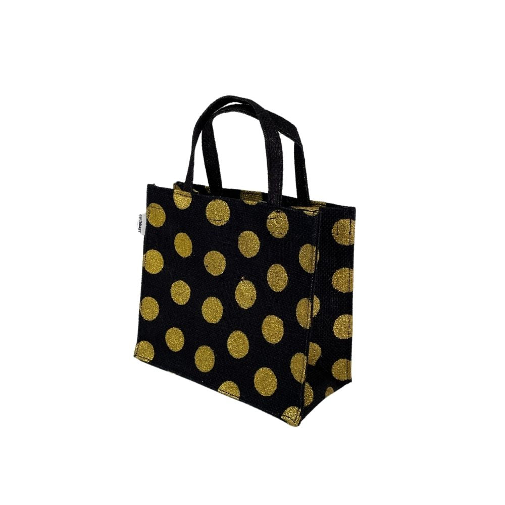 Jutetasche | schwarz | Goldpunkte | Geschenkverpackung | Wiederverwendbar