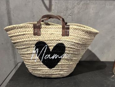 Mama - Palmblatt - Tasche mit kurzen und langen Lederhenkeln mit schwarzem Herz