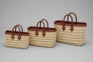 Palmblatt-Tasche | Natur | Rundlederhenkel & Lederbordüre dunkelbraun | 3teiliger Satz