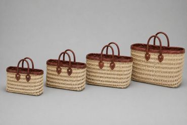 Palmblatt-Tasche | Natur | Rundlederhenkel & Lederbordüre dunkelbraun | 4teiliger Satz