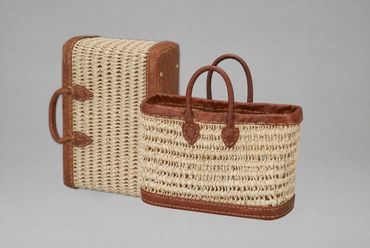 Palmblatt-Tasche | Natur | Rundlederhenkel & Lederboden hellbraun | 40cm