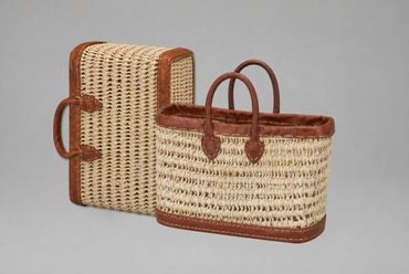 Palmblatt-Tasche | Natur | Rundlederhenkel & Lederbordüre am Boden hellbraun | 45cm