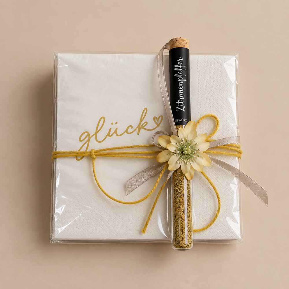 Serviettengeschenk | glücklich | Zitronenpfeffer | Geschenkidee | Mitbringsel